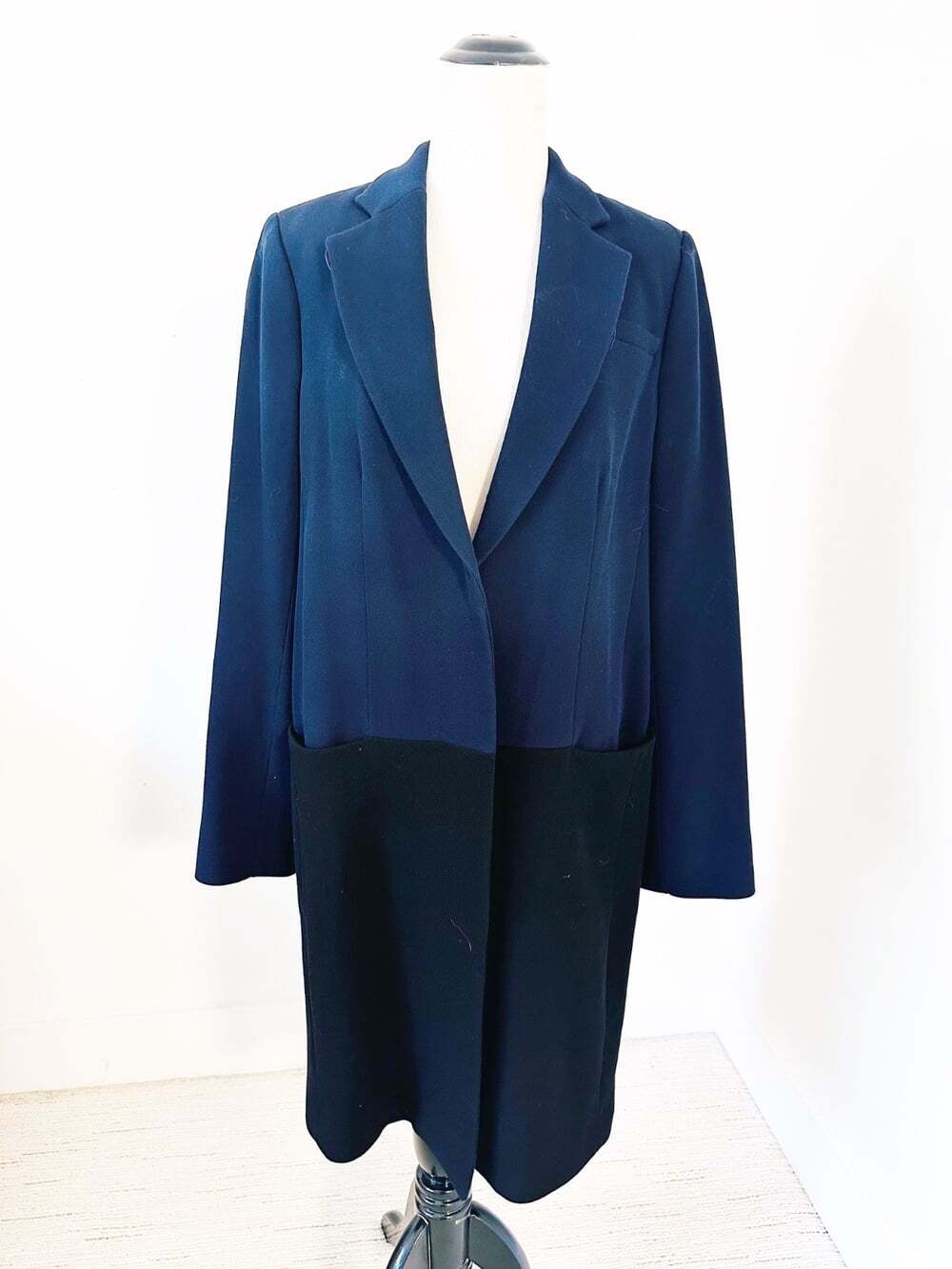 BABATON Colorblock 100% Wool Size L Navy/Black Coat Unbelted Trench Overcoat
